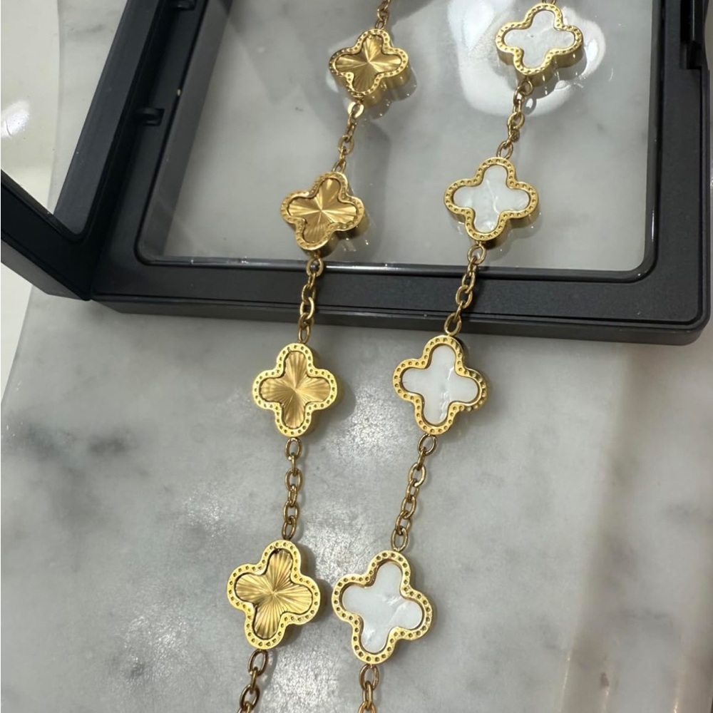 18K Gold Lucky Clover Bracelet Set White Enamel Dainty Van Cleef Style Charm